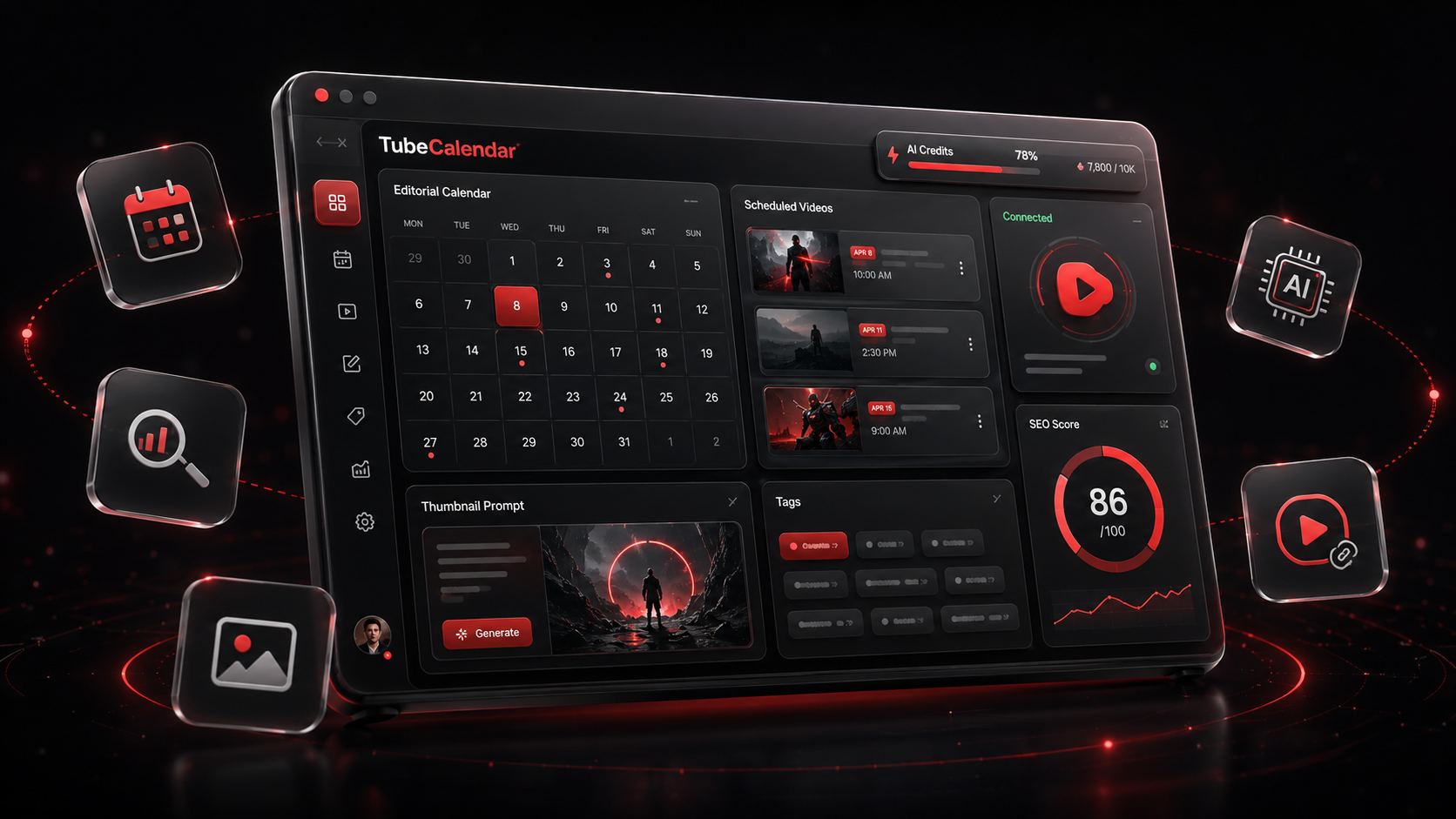Mockup 3D do dashboard TubeCalendar com calendário editorial, SEO, IA e conexão com YouTube