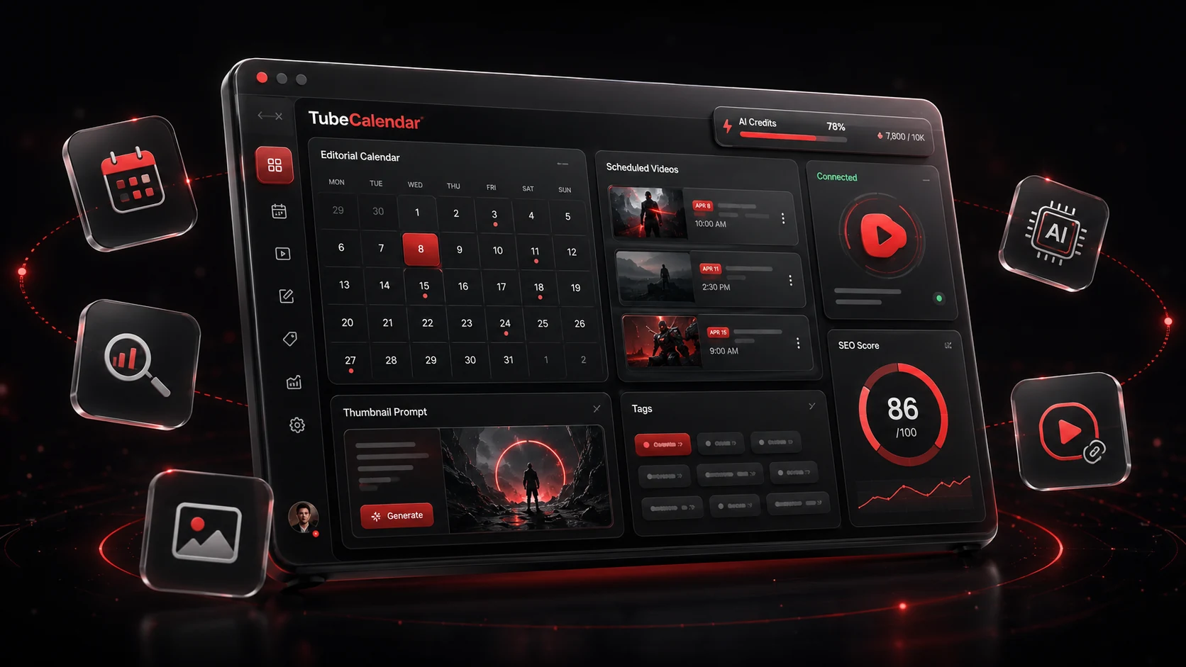Mockup 3D do dashboard TubeCalendar com calendário editorial, SEO, IA e conexão com YouTube